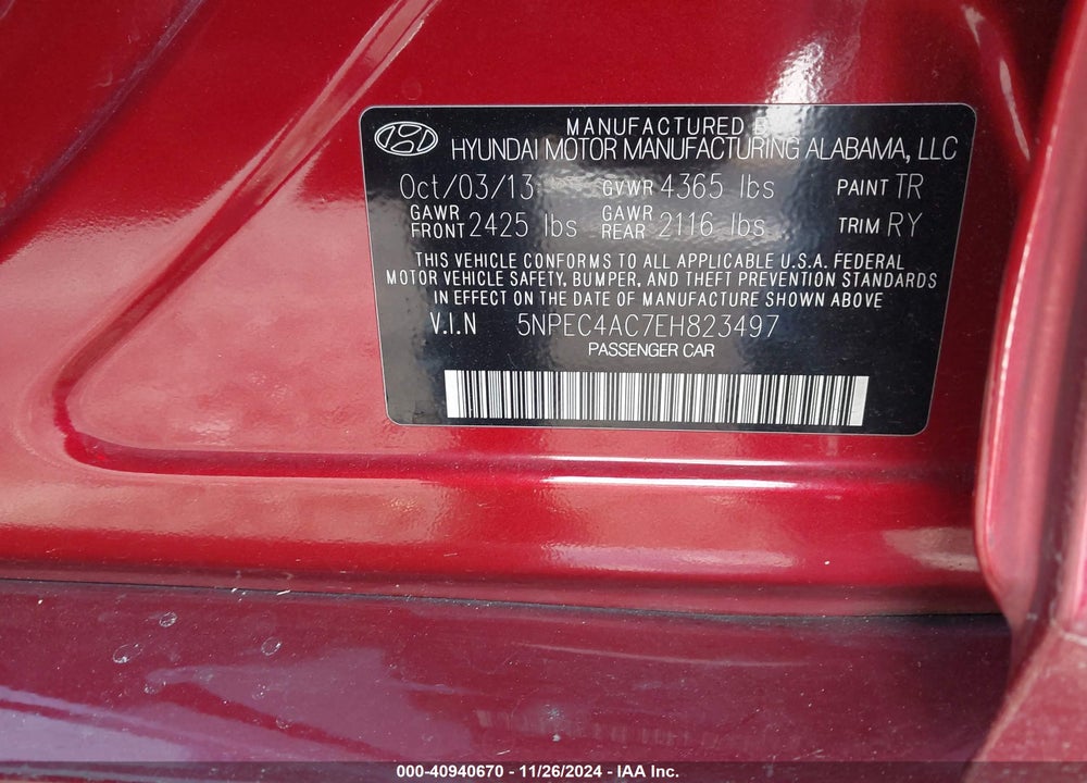 2014 HYUNDAI SONATA SE VIN: 5NPEC4AC7EH823497