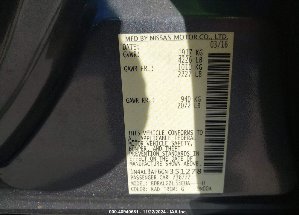 2016 NISSAN ALTIMA 2.5 S VIN: 1N4AL3AP6GN351278