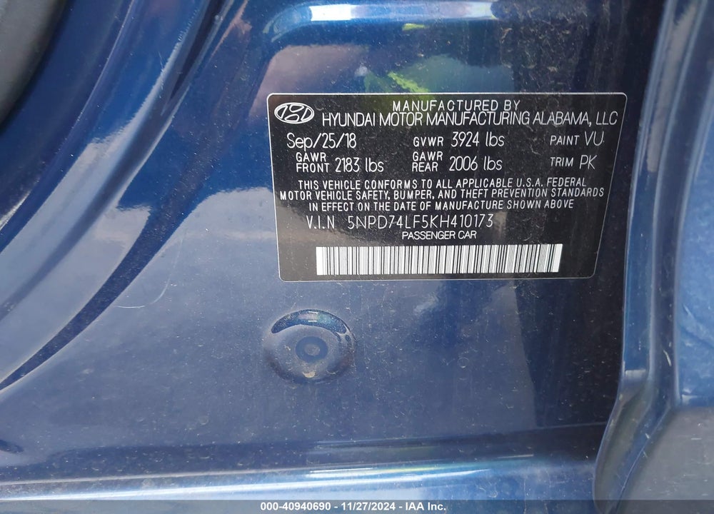 2019 HYUNDAI ELANTRA VIN: 5NPD74LF5KH410173