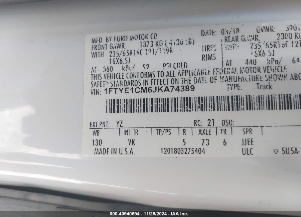 2018 FORD TRANSIT-150 VIN: 1FTYE1CM6JKA74389