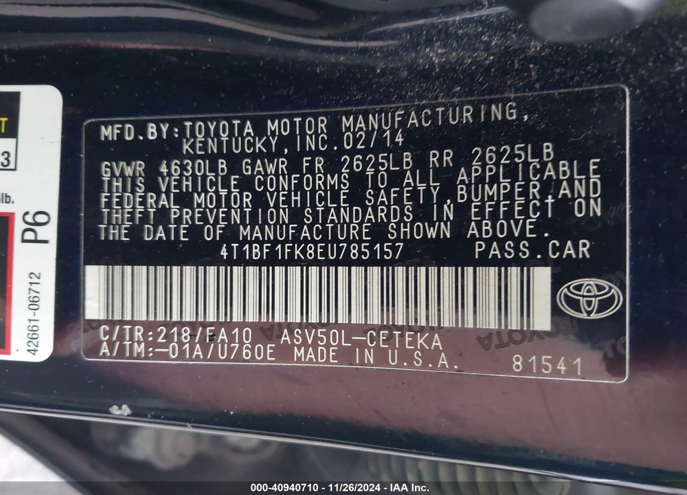 2014 TOYOTA CAMRY L VIN: 4T1BF1FK8EU785157