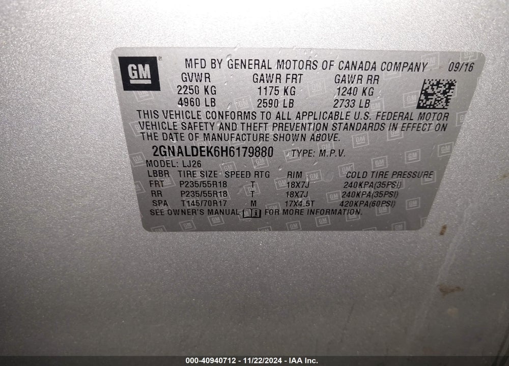 2017 CHEVROLET EQUINOX PREMIER VIN: 2GNALDEK6H6179880