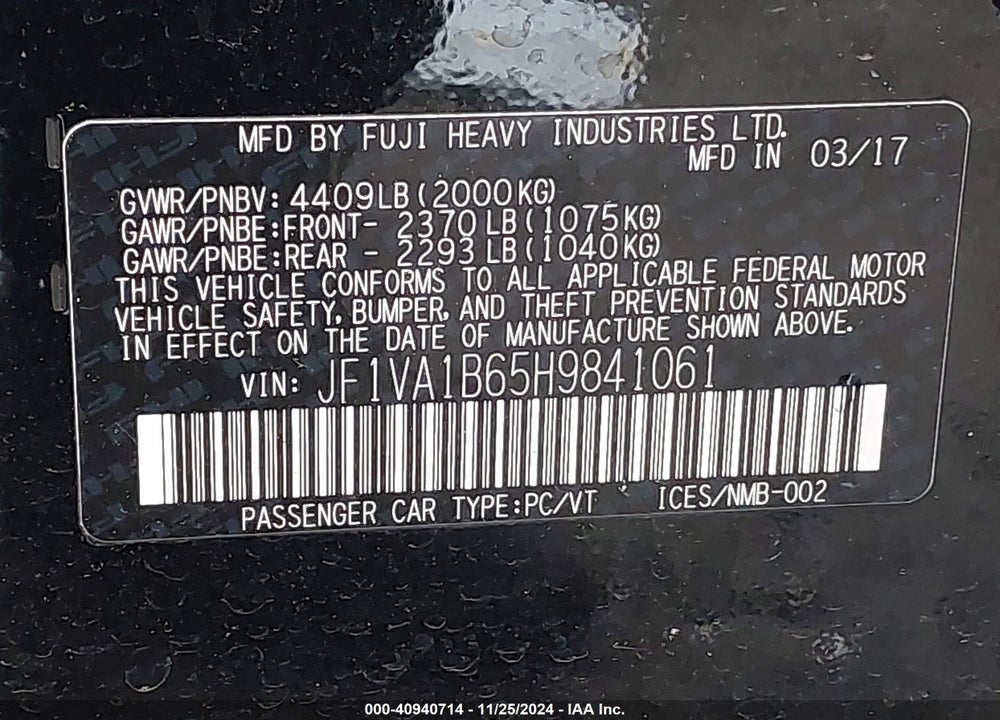 2017 SUBARU WRX VIN: JF1VA1B65H9841061