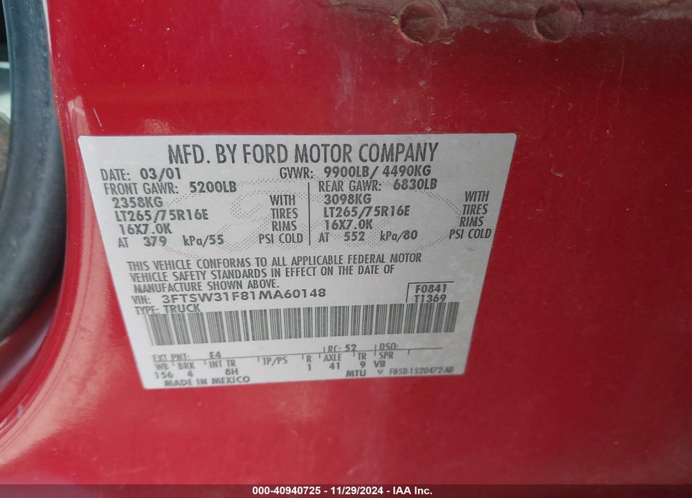 2001 FORD F 350 VIN: 3FTSW31F81MA60148