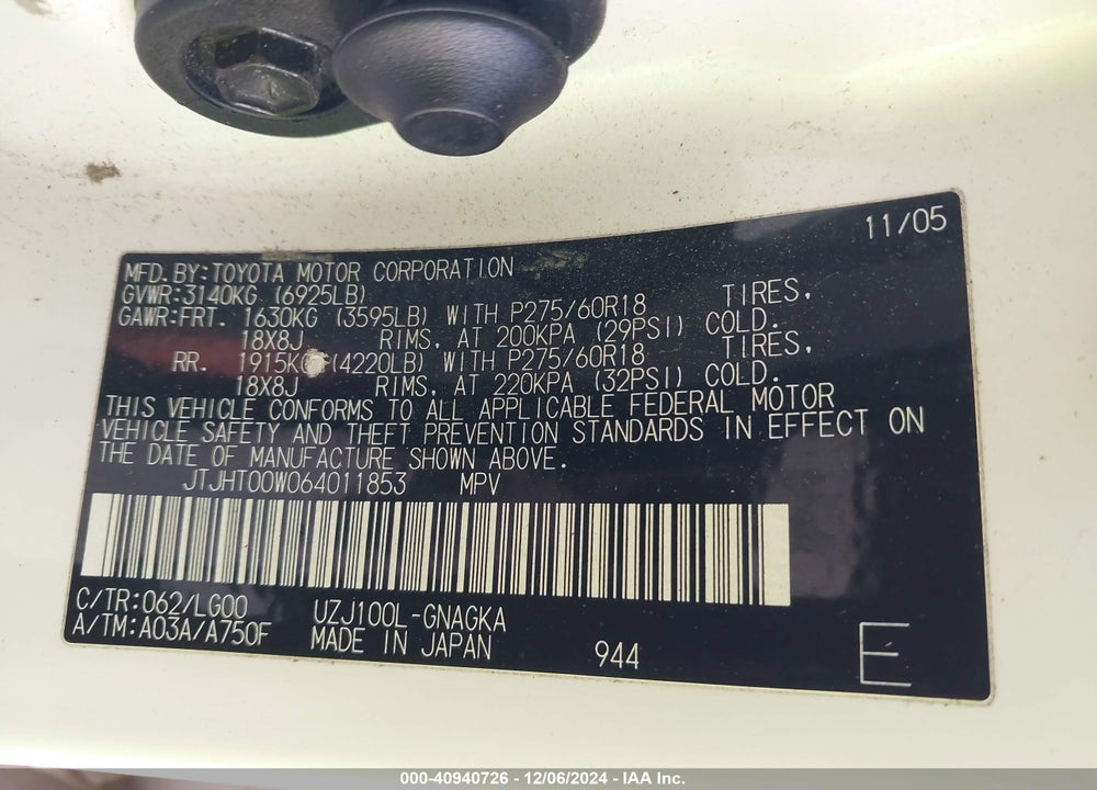 2006 LEXUS LX 470 VIN: JTJHT00W064011853