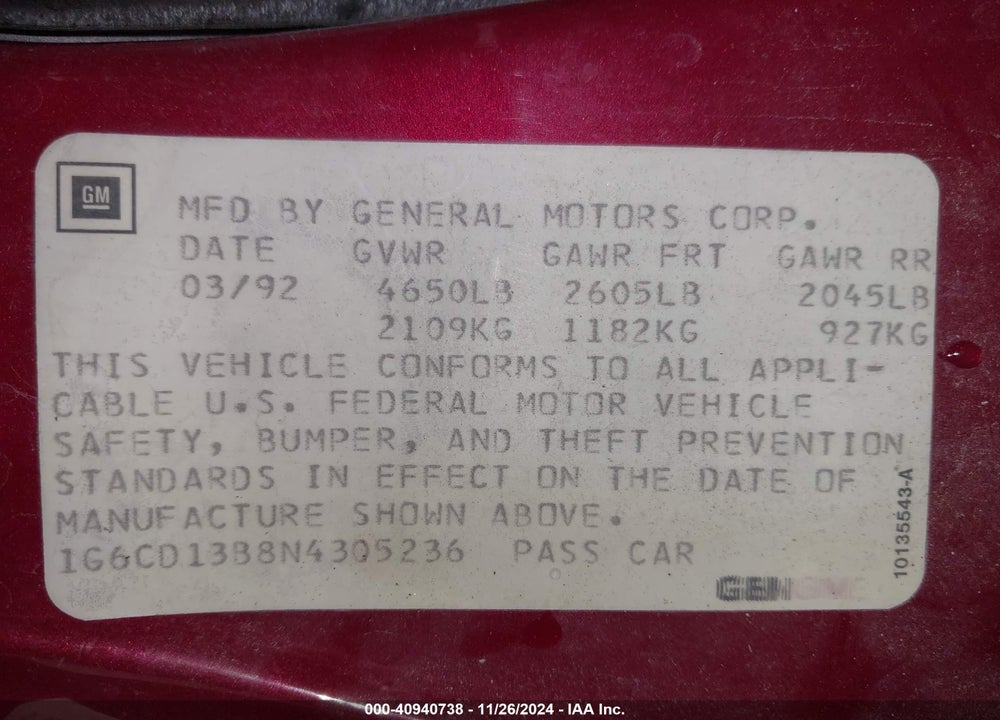1992 CADILLAC DEVILLE VIN: 1G6CD13B8N4305236