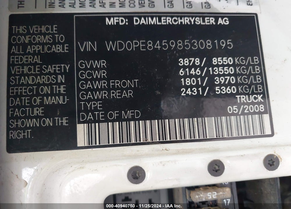 2008 DODGE SPRINTER 2500 VIN: WD0PE845985308195