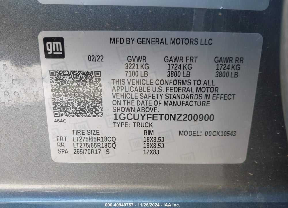 2022 CHEVROLET SILVERADO LTD VIN: 1GCUYFET0NZ200900