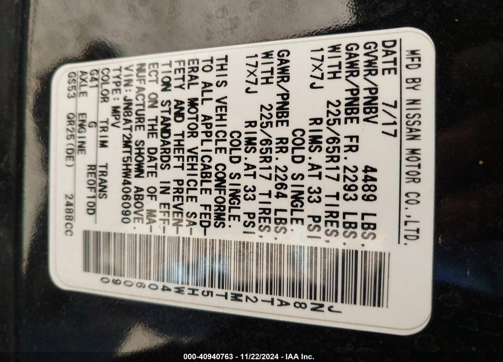2017 NISSAN ROGUE SV VIN: JN8AT2MT5HW406090