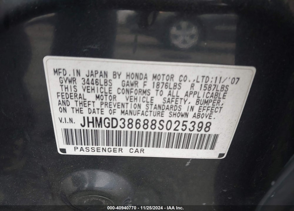 2008 HONDA FIT SPORT VIN: JHMGD38688S025398