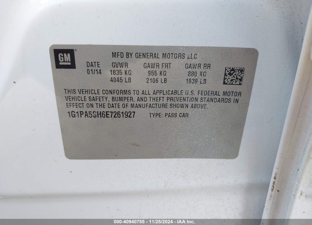 2014 CHEVROLET CRUZE LS AUTO VIN: 1G1PA5SH6E7261927