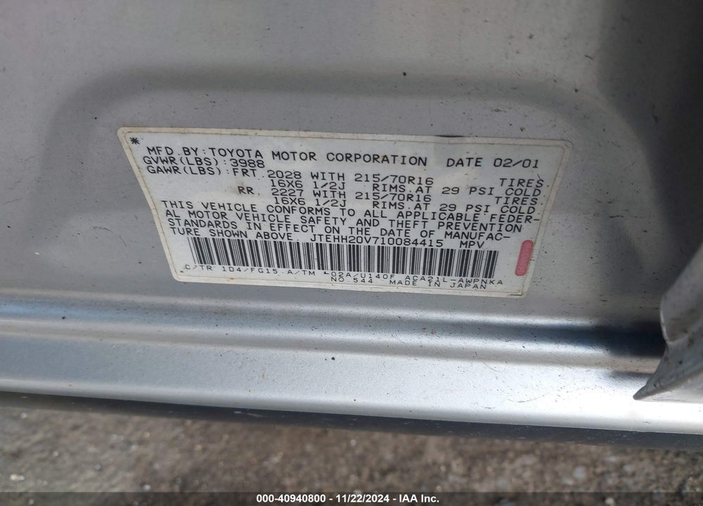 2001 TOYOTA RAV4 VIN: JTEHH20V710084415