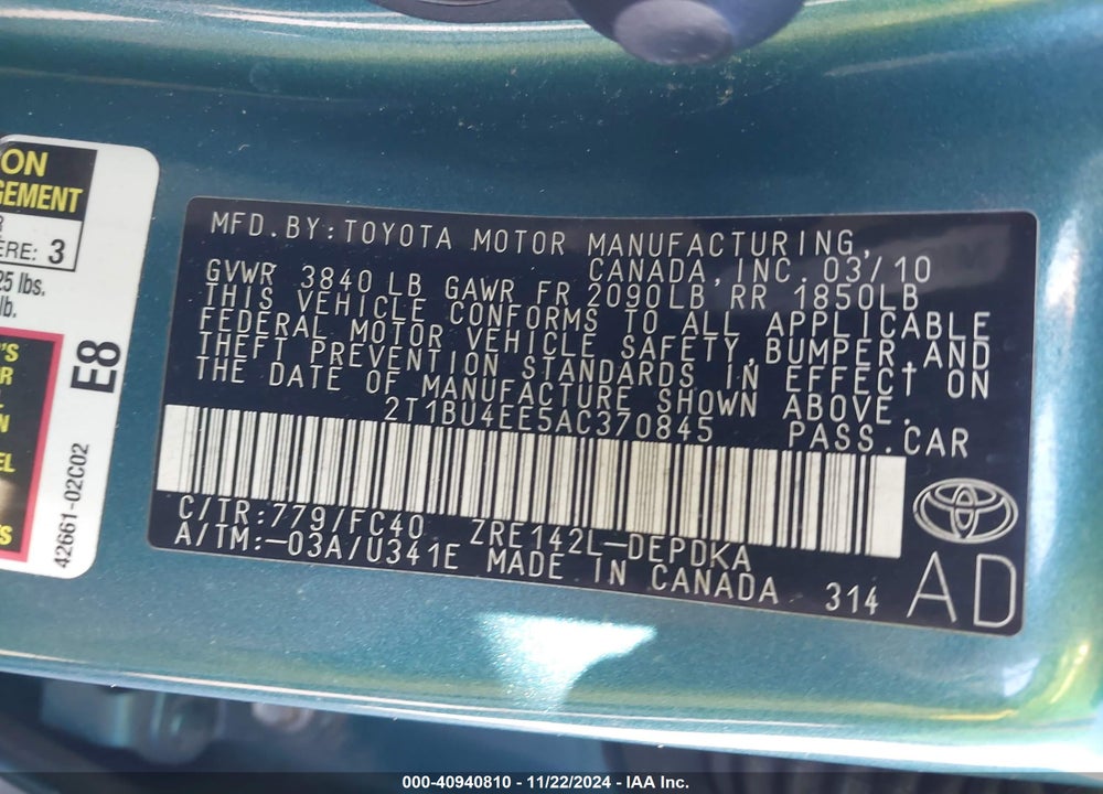 2010 TOYOTA COROLLA LE VIN: 2T1BU4EE5AC370845