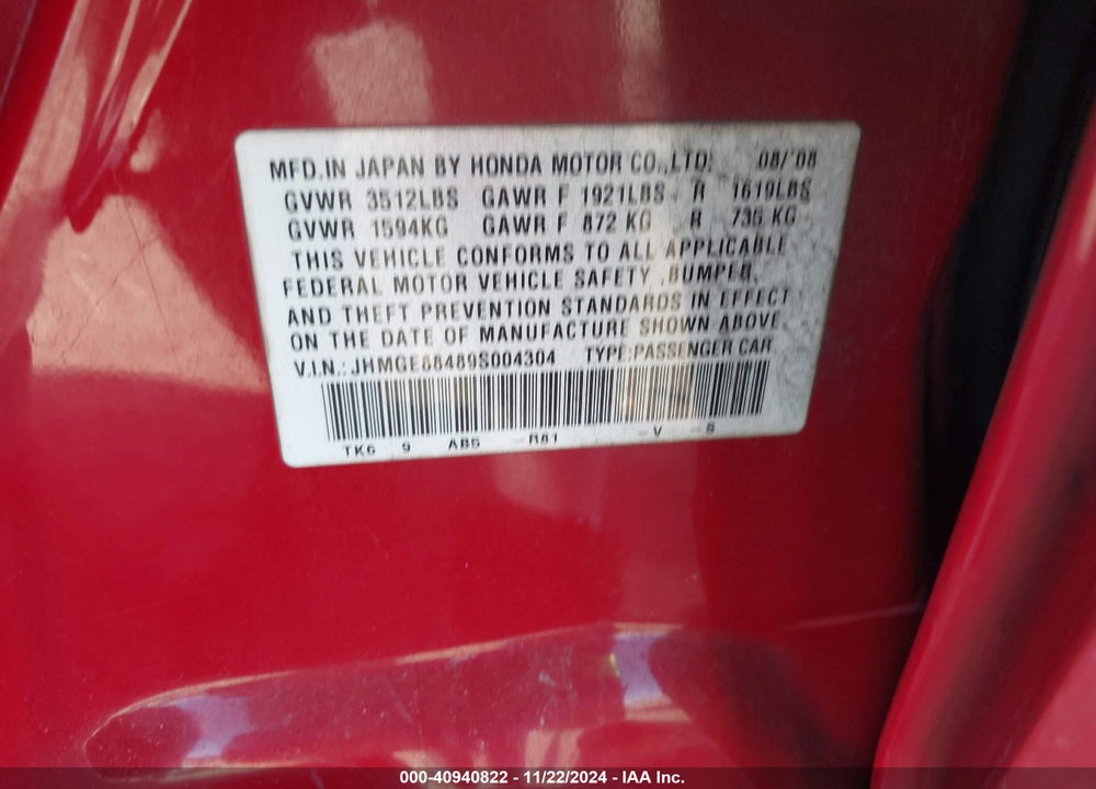 2009 HONDA FIT SPORT VIN: JHMGE88489S004304
