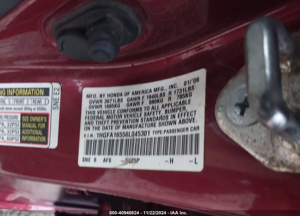 2006 HONDA CIVIC LX VIN: 1HGFA16556L045301