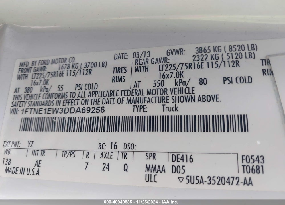 2013 FORD E-150 COMMERCIAL VIN: 1FTNE1EW3DDA69256