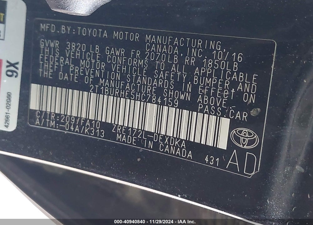 2017 TOYOTA COROLLA L VIN: 2T1BURHE5HC784159