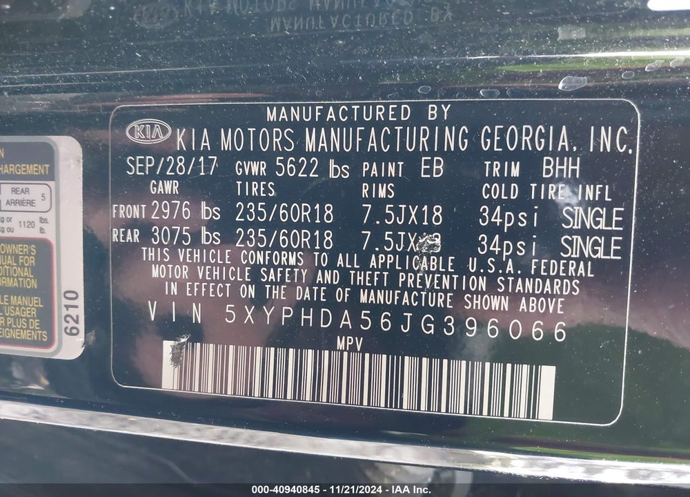 2018 KIA SORENTO 3.3L EX VIN: 5XYPHDA56JG396066