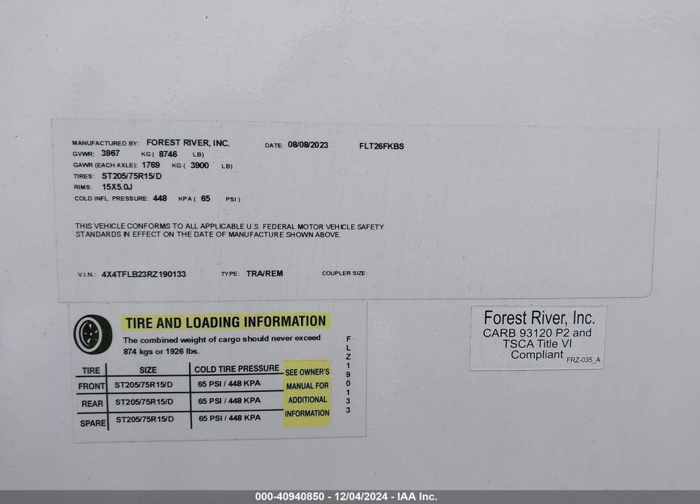 2024 FLAGSTAFF SUPER LITE 26FKBS VIN: 4X4TFLB23RZ190133