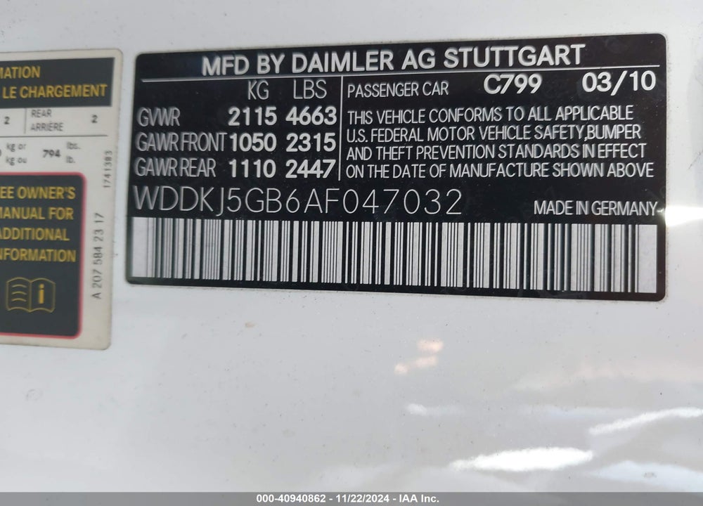 2010 MERCEDES-BENZ E 350 VIN: WDDKJ5GB6AF047032