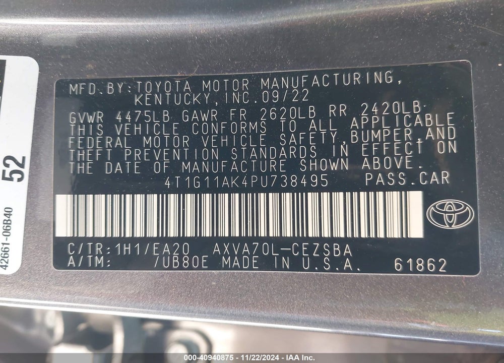 2023 TOYOTA CAMRY SE VIN: 4T1G11AK4PU738495
