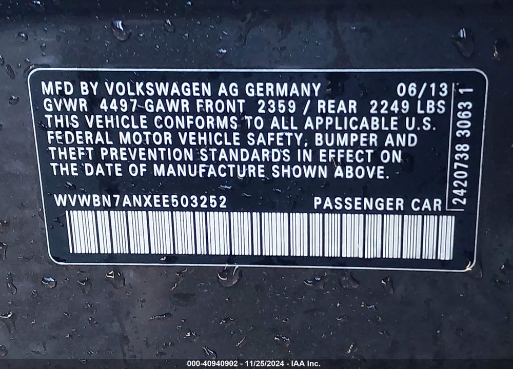 2014 VOLKSWAGEN CC 2.0T R-LINE VIN: WVWBN7ANXEE503252