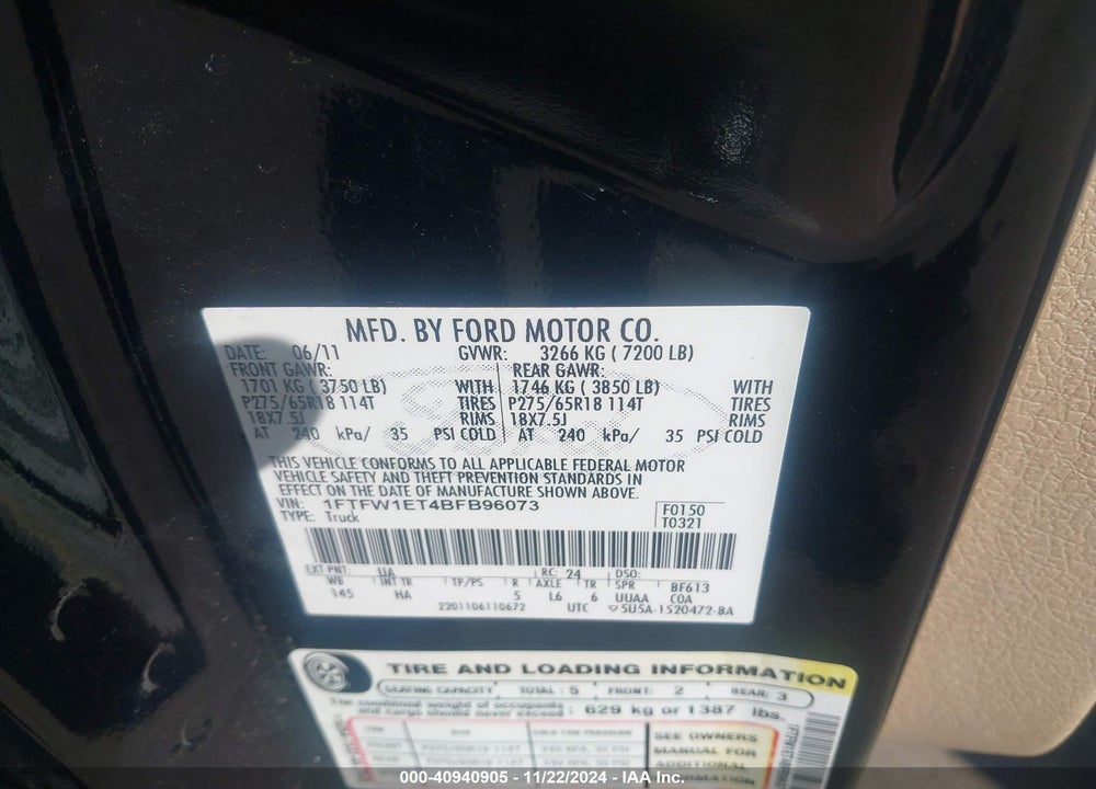 2011 FORD F-150 LARIAT VIN: 1FTFW1ET4BFB96073
