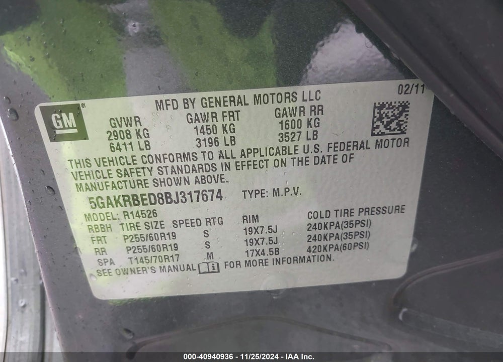 2011 BUICK ENCLAVE 1XL VIN: 5GAKRBED8BJ317674