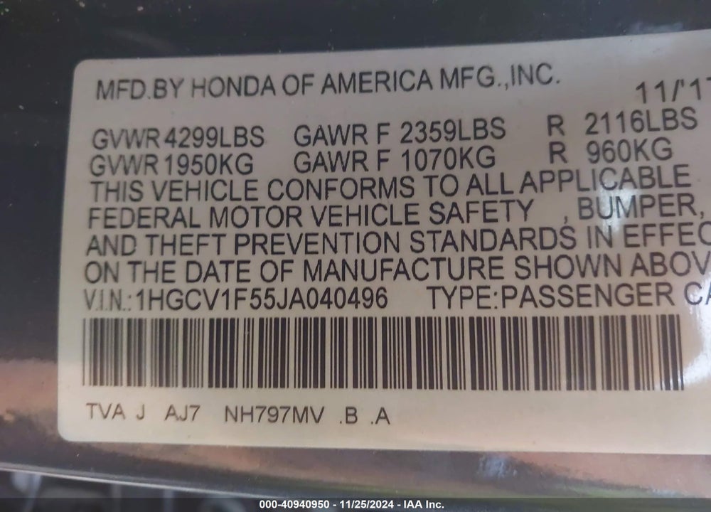 2018 HONDA ACCORD VIN: 1HGCV1F55JA040496