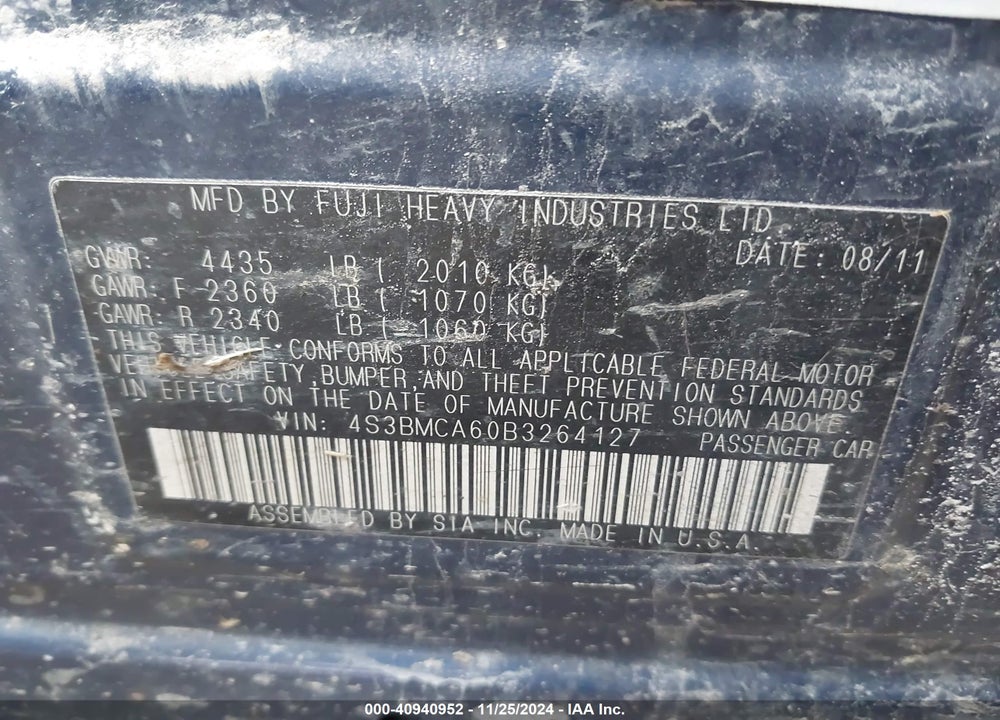 2011 SUBARU LEGACY 2.5I VIN: 4S3BMCA60B3264127
