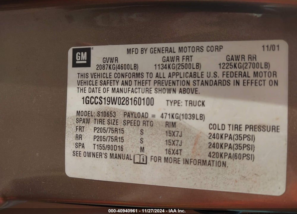 2002 CHEVROLET S-10 LS VIN: 1GCCS19W028160100