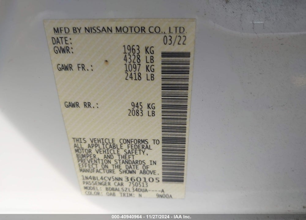2022 NISSAN ALTIMA SR FWD VIN: 1N4BL4CV5NN360105