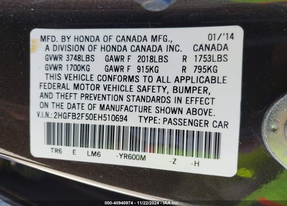 2014 HONDA CIVIC LX VIN: 2HGFB2F50EH510694
