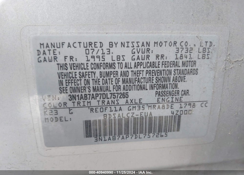2013 NISSAN SENTRA S VIN: 3N1AB7AP7DL757265