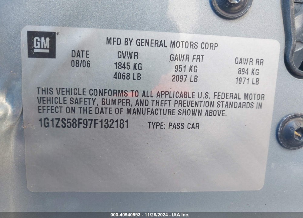 2007 CHEVROLET MALIBU LS VIN: 1G1ZS58F97F132181