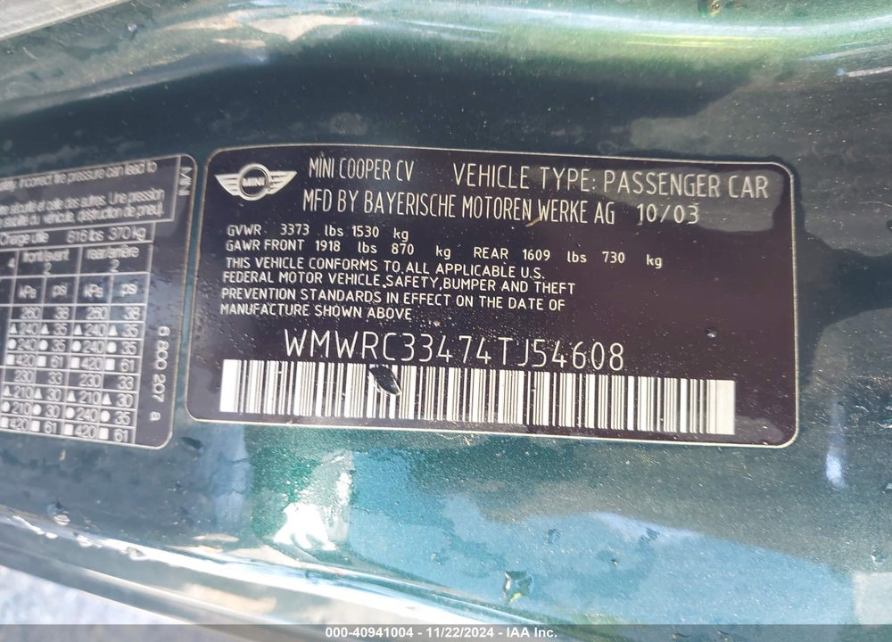 2004 MINI COOPER VIN: WMWRC33474TJ54608