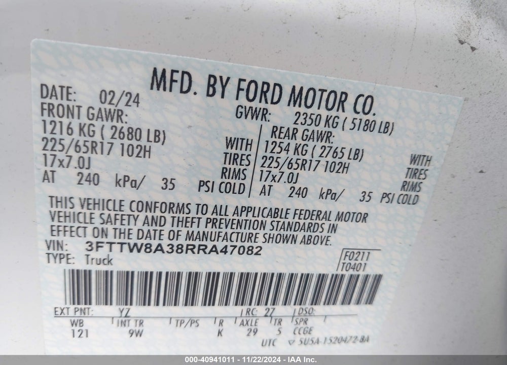2024 FORD MAVERICK XL VIN: 3FTTW8A38RRA47082