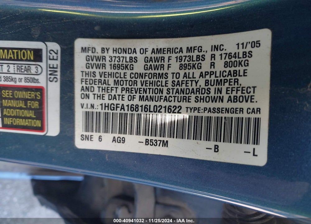 2006 HONDA CIVIC EX VIN: 1HGFA16816L021622