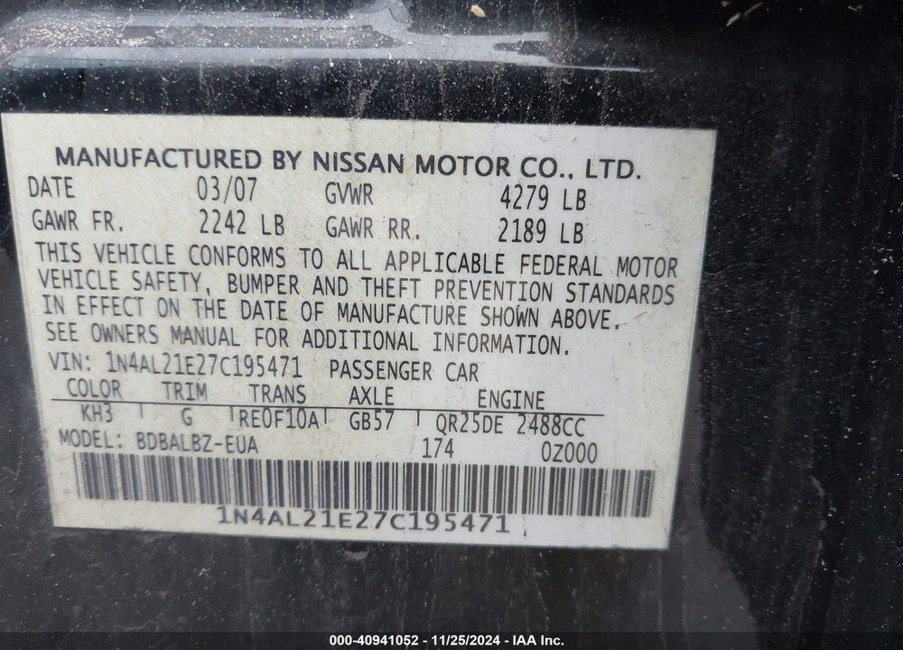 2007 NISSAN ALTIMA 2.5 S VIN: 1N4AL21E27C195471