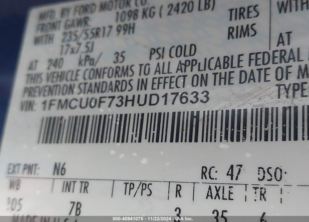 2017 FORD ESCAPE S VIN: 1FMCU0F73HUD17633
