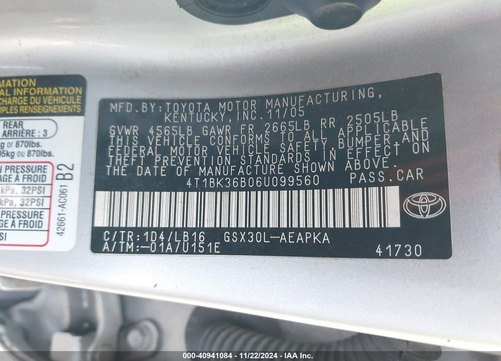 2006 TOYOTA AVALON LIMITED VIN: 4T1BK36B06U099560