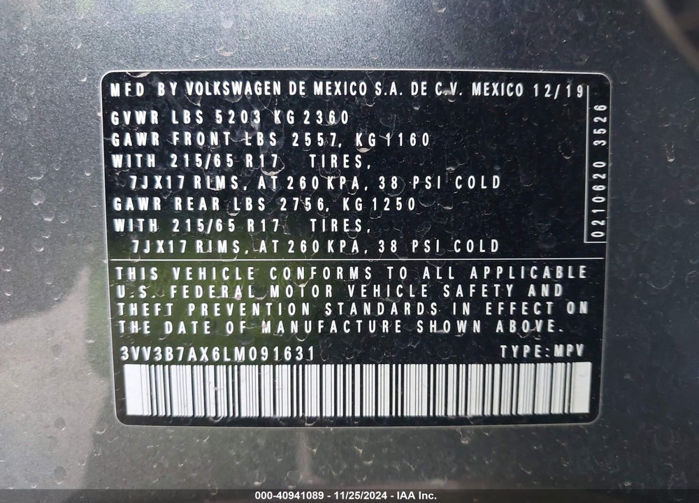 2020 VOLKSWAGEN TIGUAN VIN: 3VV3B7AX6LM091631