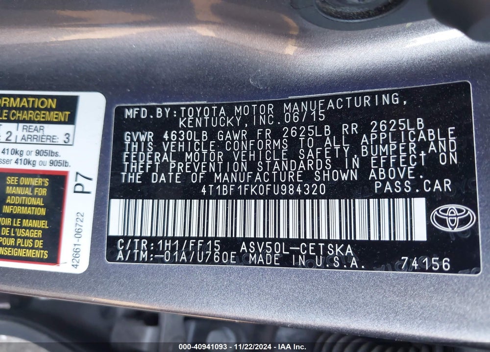 2015 TOYOTA CAMRY SE VIN: 4T1BF1FK0FU984320