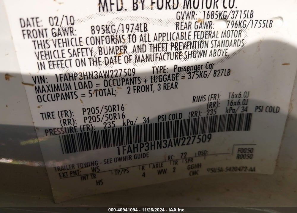2010 FORD FOCUS SEL VIN: 1FAHP3HN3AW227509