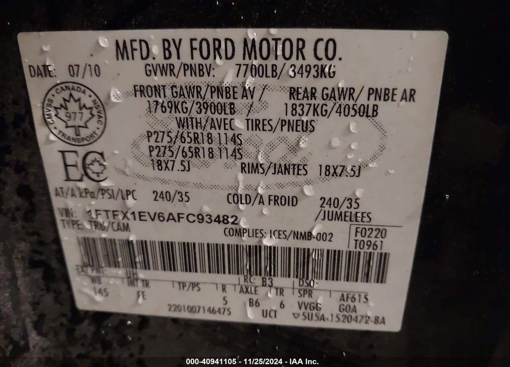 2010 FORD F-150 FX4/LARIAT/XL/XLT VIN: 1FTFX1EV6AFC93482