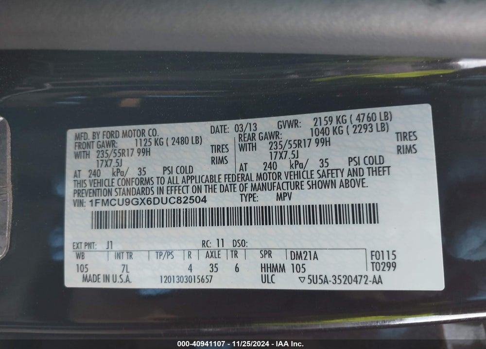 2013 FORD ESCAPE SE VIN: 1FMCU9GX6DUC82504