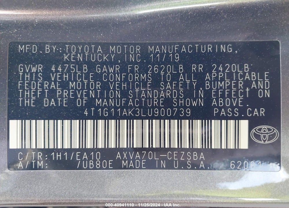 2020 TOYOTA CAMRY SE VIN: 4T1G11AK3LU900739