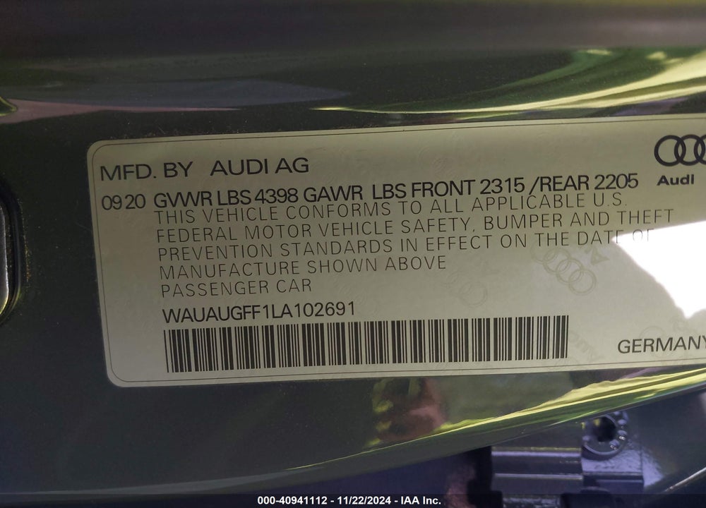 2020 AUDI A3 PREMIUM 40 TFSI FRONT-WHEEL DRIVE S TRONIC VIN: WAUAUGFF1LA102691