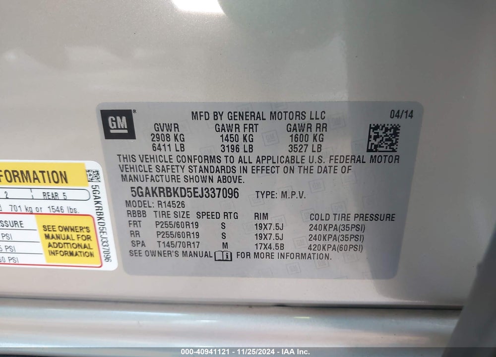 2014 BUICK ENCLAVE LEATHER VIN: 5GAKRBKD5EJ337096