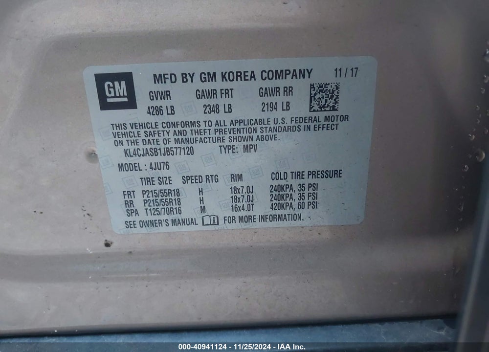2018 BUICK ENCORE PREFERRED VIN: KL4CJASB1JB577120